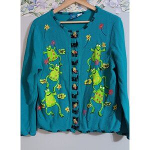 Sport Elle Medium Cotton Teal Green Frog Button Colorful Fun Classic Cardigan